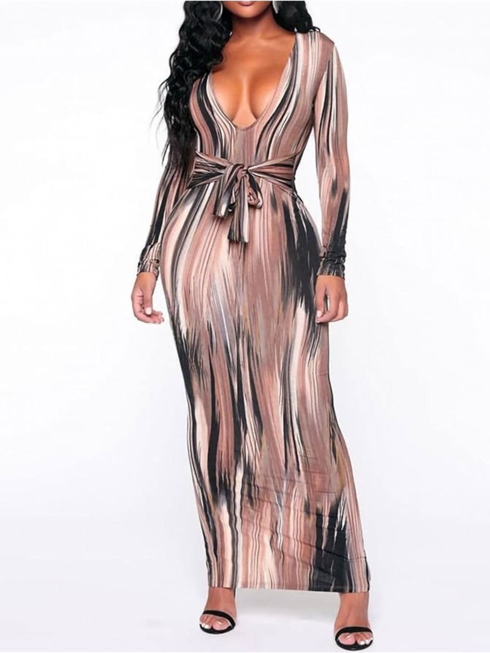 Plunge V-Neck Long Sleeve Maxi Dress in Blush Stripe